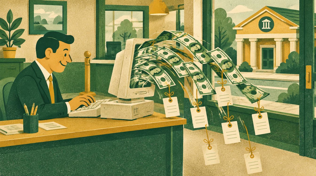 A banker types at a computer and new dollar bills pour out of the screen, each tied to a paper IOU