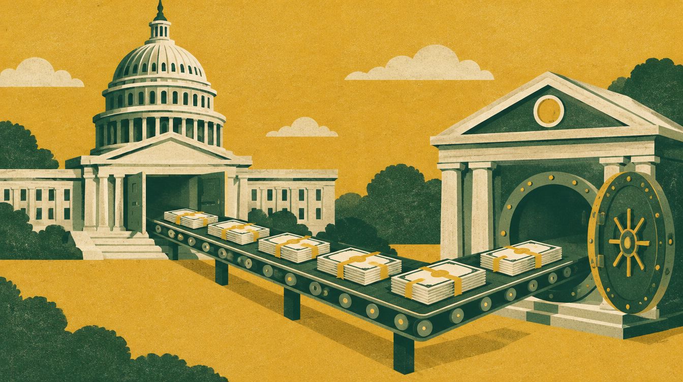 A conveyor belt carries stacks of bonds from the Capitol into a bank vault