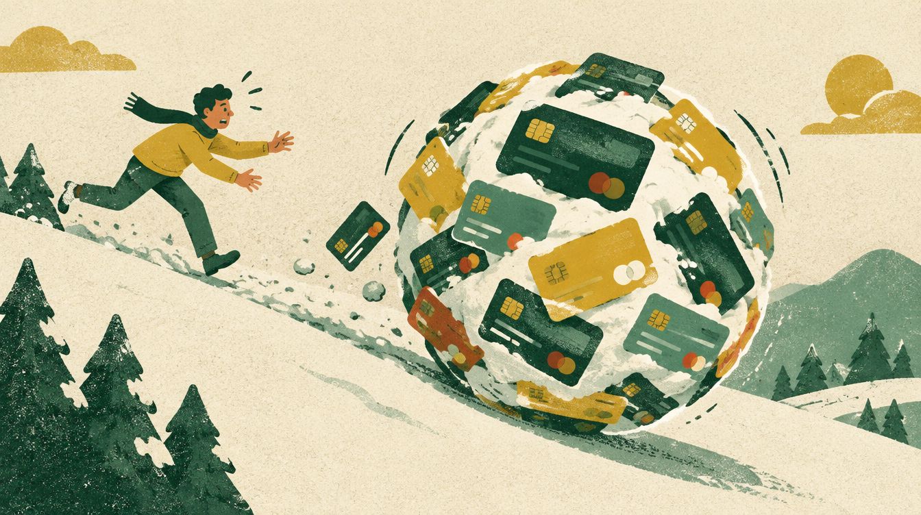 A snowball made of credit cards rolls downhill, growing, with a worried person chasing it