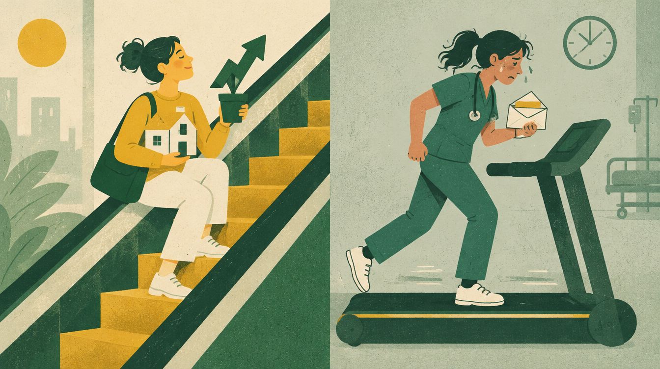 One person rides an up escalator holding a small house; a worker in scrubs runs on a treadmill holding a paycheck