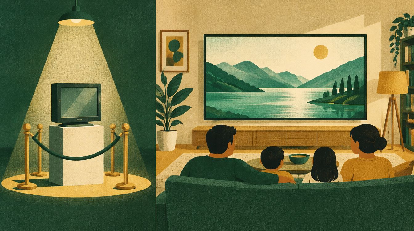 A small early flat-screen TV displayed like a museum piece, next to a family watching a huge modern TV