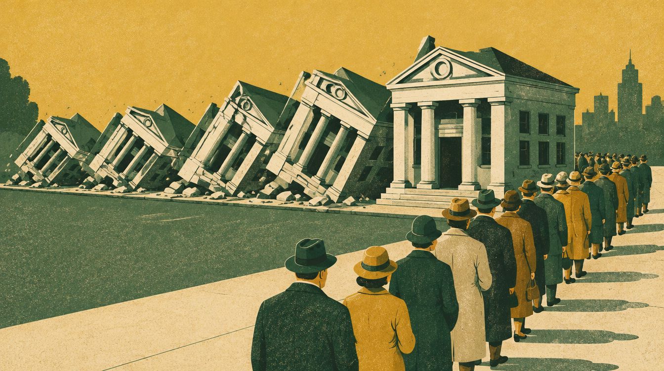 Bank buildings topple like dominoes while a line of people in 1930s coats waits outside the next one