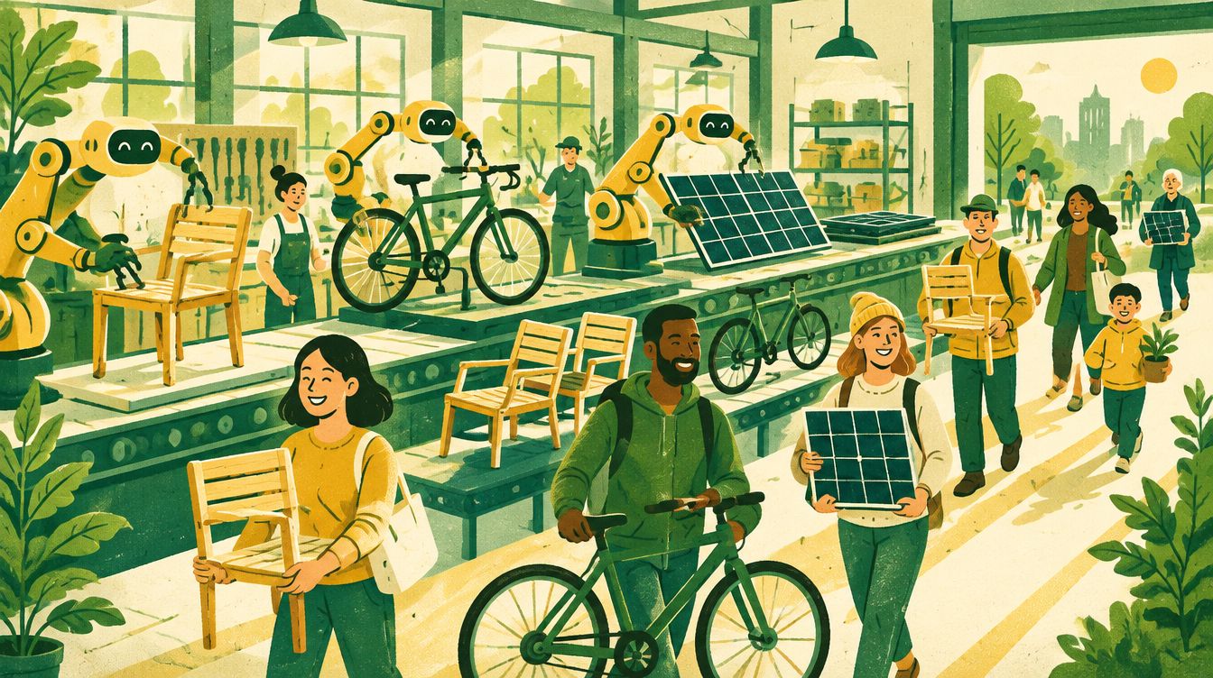 Robot arms build bicycles, chairs and solar panels while ordinary people carry them home
