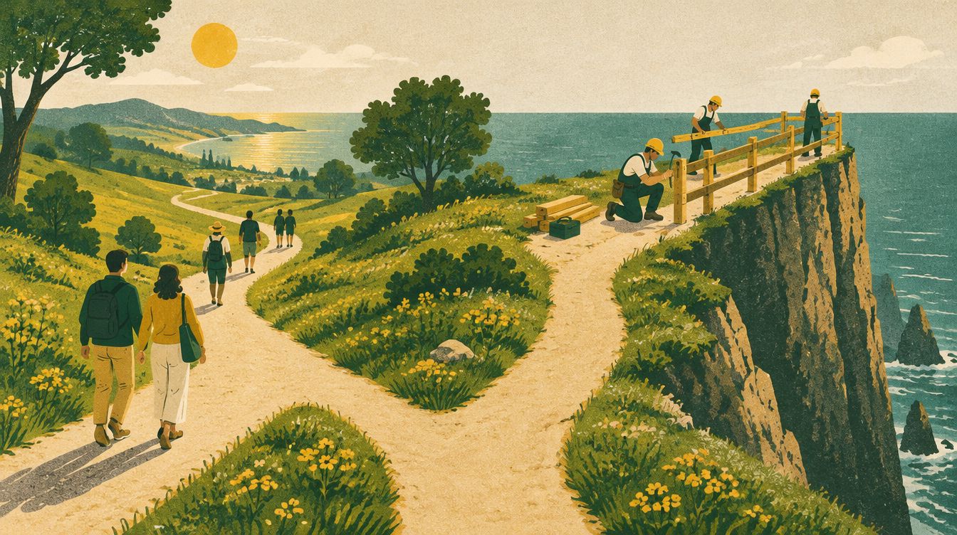 A gentle sunny downhill path on one side, and a cliff edge with workers building a guardrail on the other