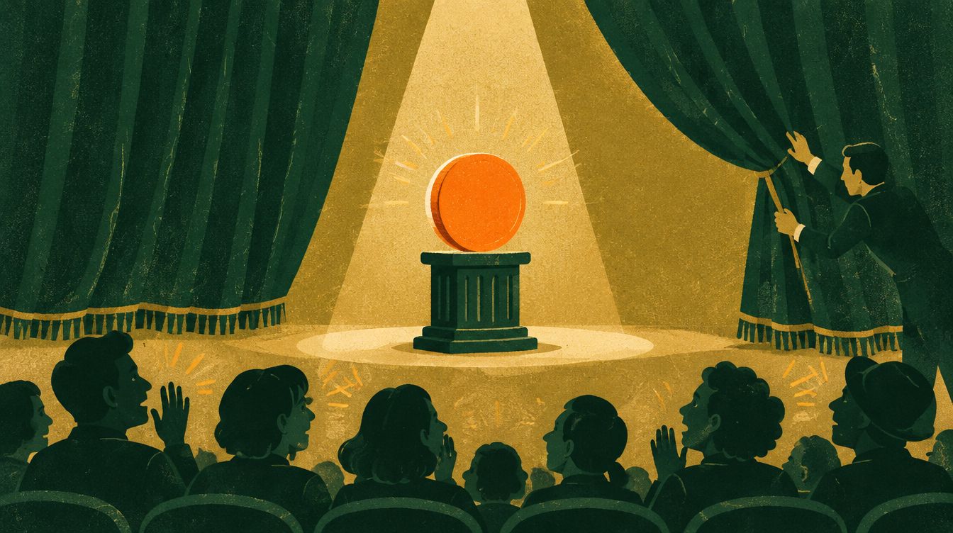 A curtain pulls back to reveal a single glowing orange coin on a stage
