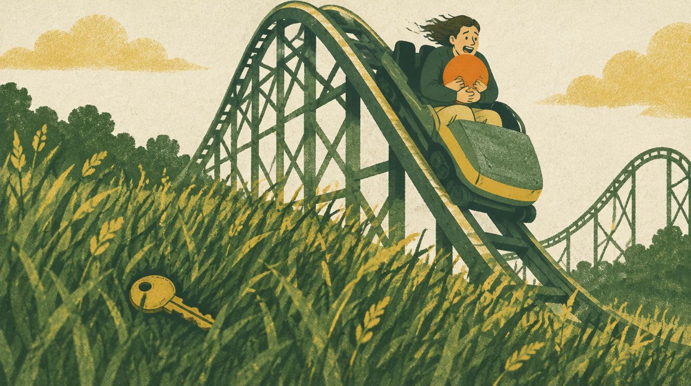 A person on a steep roller coaster holding an orange coin, and a lost key in the grass
